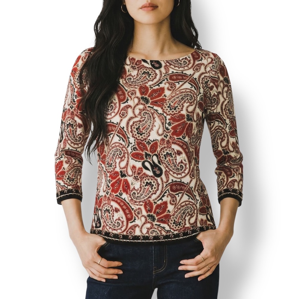 Oscar de la Renta Petite Vintage Paisley Beaded Knit Top Red Black Small